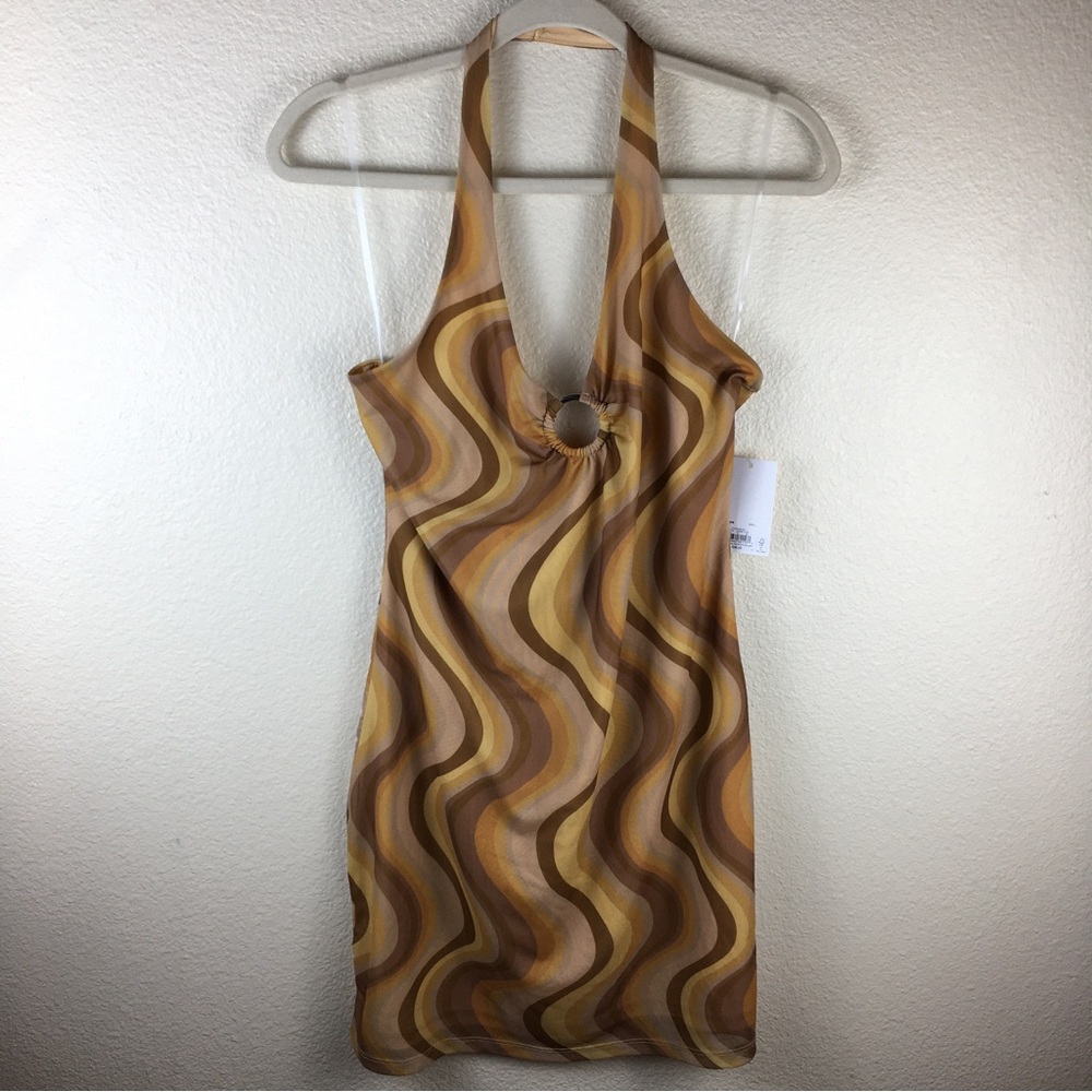 SO Good For Life Brown Tan Swirl Halter Mini Dress Size L NWT
